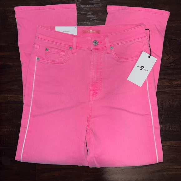 🩷 NWT! 7 for All Mankind Barbie Pink Stripe Flare Jeans - Picture 2 of 7